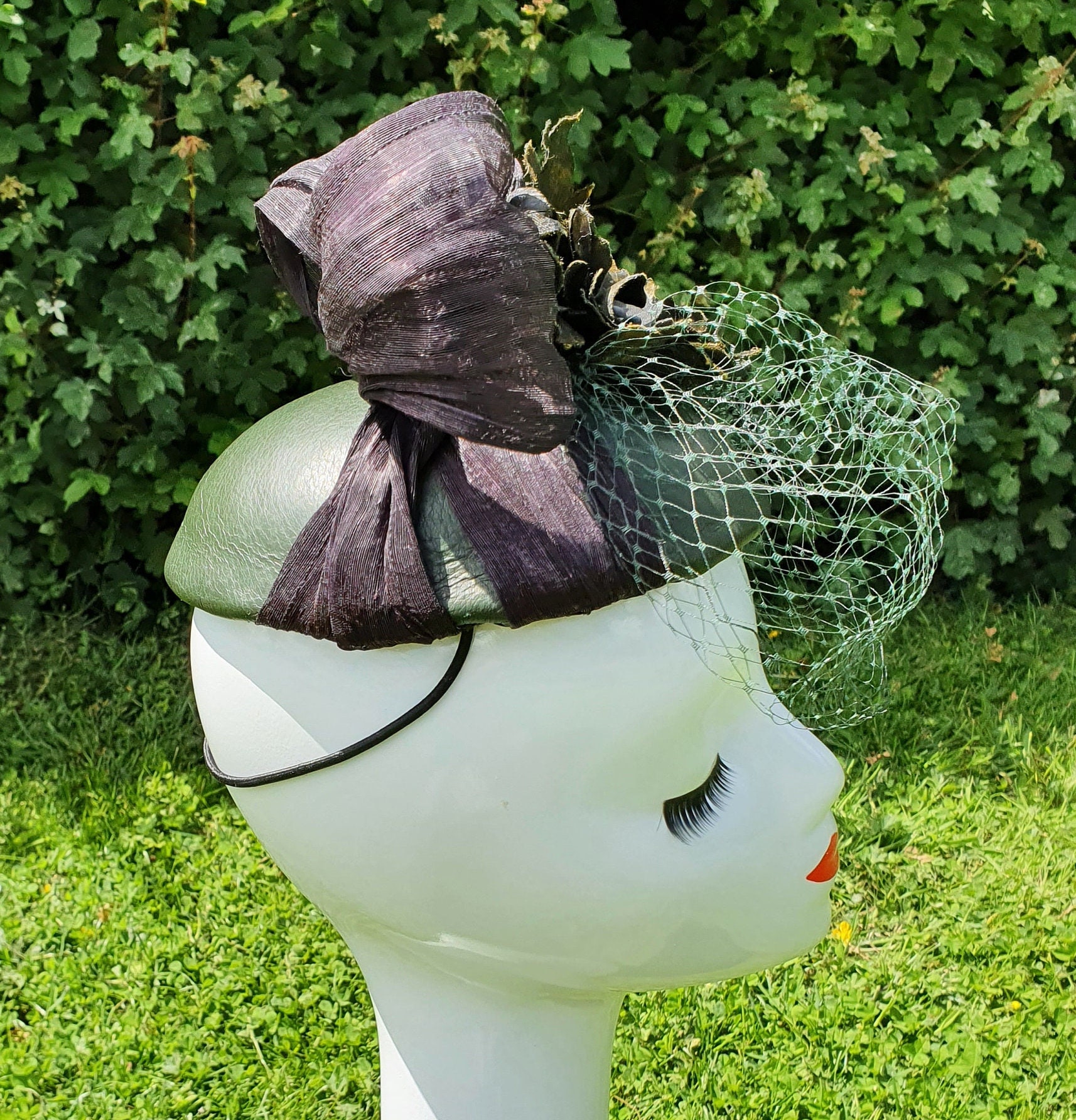 Handmade Fascinator Green With Black From Natural Leather, Women's