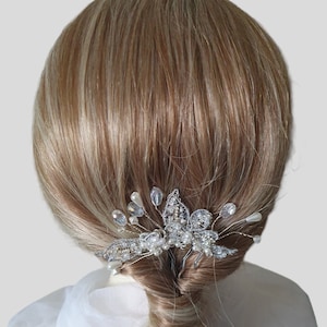 Handmade bridal comb with pearls and drop stones elegant hair accessory for weddings, guests and parties, silver metal Comb image 1