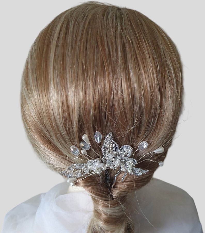 Handmade bridal comb with pearls and drop stones elegant hair accessory for weddings, guests and parties, silver metal Comb image 1