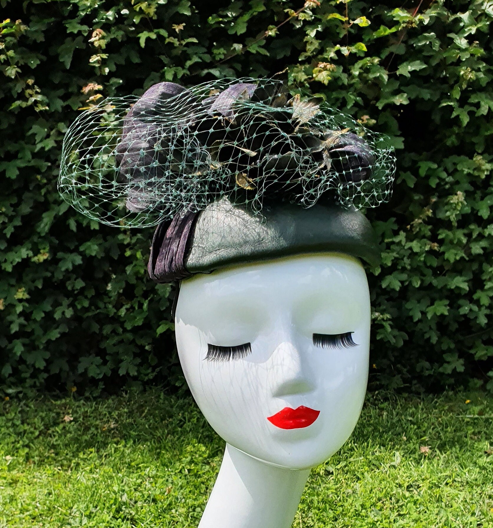 Handmade Fascinator Green With Black From Natural Leather, Women's