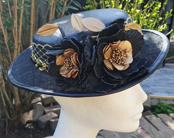 Handmade fascinator gold with black from natural leather and sinamay, wedding hat, guest hat, women's hat, special occasion hat