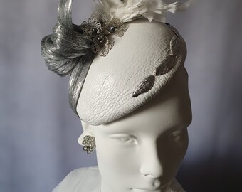 Fascinator white natural leather with abaca silk, handmade, wedding headdress, elegant ladies hat for special occasion