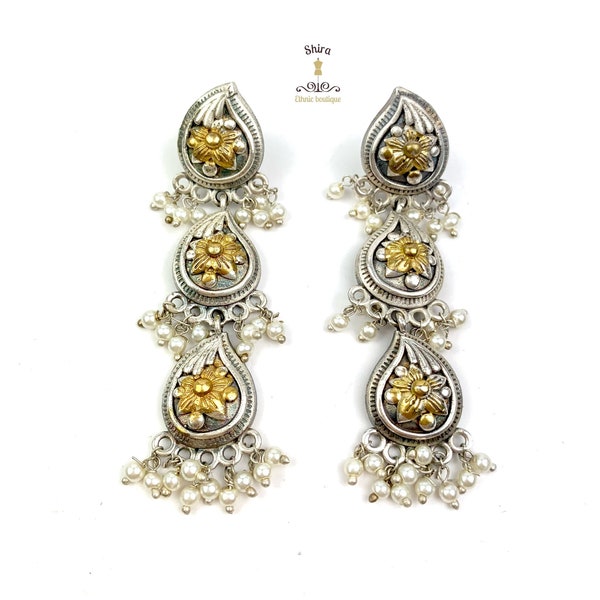 Gorgeous German silver earrings in dual tone with cluster pearls. Dainty long earrings in intricate design. Lightweight earrings.