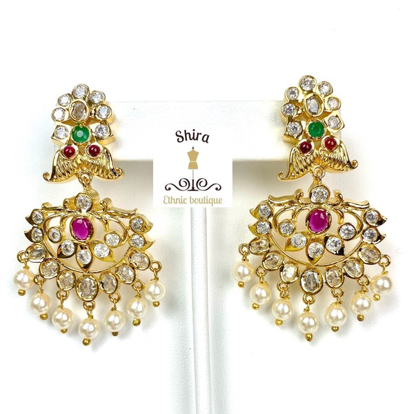 Traditional one gram gold earrings in uncuts, cabochon rubies, emeralds and pearls. South Indian chandbalis. Temple earrings. Kemp earrings.