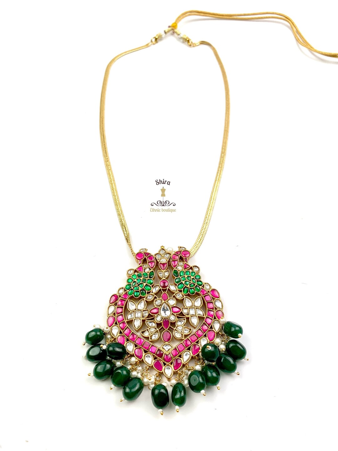 Beautiful Big Pendant in Premium 22kt Gold Plating on Copper. Kundan Jadau Pendant Studded in