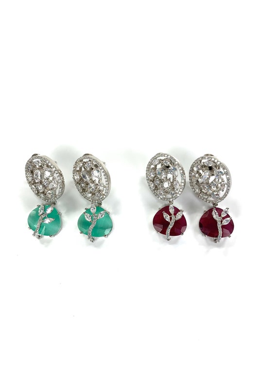 American Diamond Earrings in Silver Finish With Beautiful Color