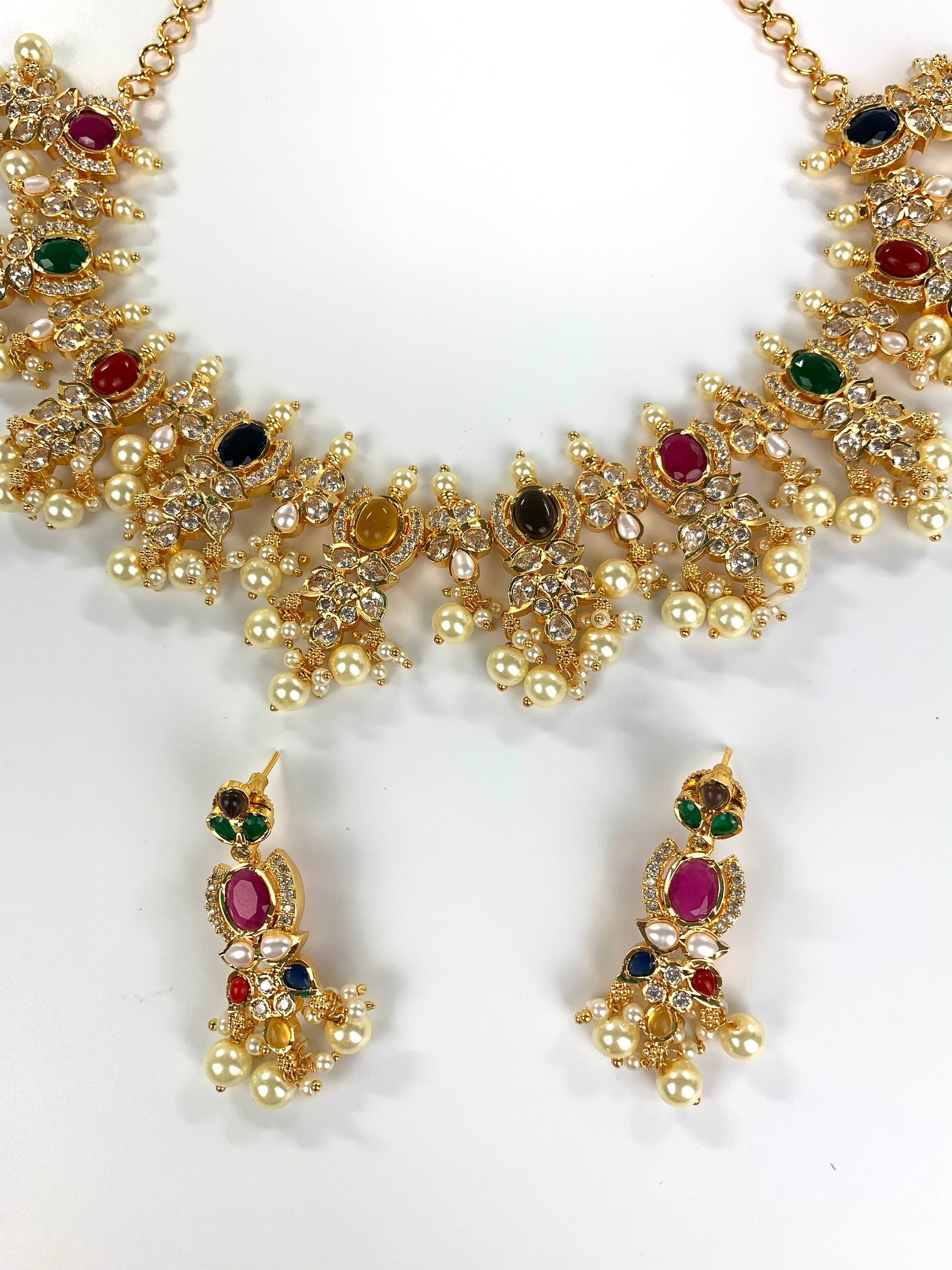 Beautiful navaratna necklace set 1 gram gold. Pretty earrings. | Etsy