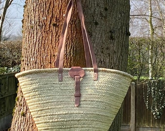 Traditional French Market Basket with Leather Fastening Buckle