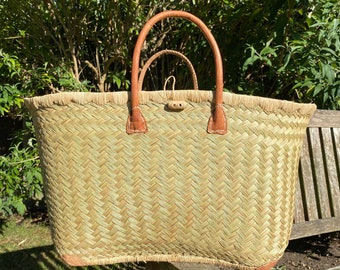 Large Handmade French Market Basket in Natural with Stitched Leather Handles & Reinforced Leather Corners