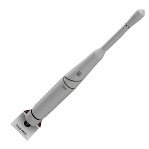 May include: A white and gray rocket model with black accents and the text "136" printed on the side. The model has a rectangular base with the text "THOR ABLE" printed on it. The rocket has a conical nose and a cylindrical body.