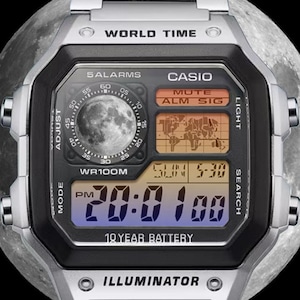 May include: A silver-tone digital wristwatch with a stainless steel strap. The square face features a world map display, a moon phase graphic, and the text Casio, World Time, 5 Alarms, WR100M, 10 Year Battery, and Illuminator. The screen shows 20:01.