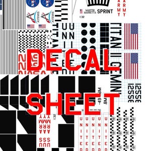 May include: A decal sheet featuring a variety of graphics and text in black and red. The sheet includes NASA logos, American flags, and text such as "DECAL SHEET", "TITAN II GEMINI", and "SPRINT". The sheet also features various patterns and markings.