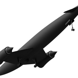 May include: A black airplane with its landing gear down, viewed from below. The airplane has a long, slender fuselage and swept wings.