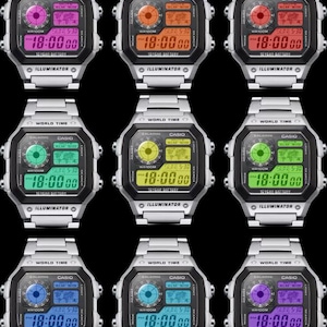 May include: A grid of nine Casio digital watches with silver-tone metal bands and square cases. Each watch features a unique coloured digital display, including pink, orange, red, green, yellow, lime, blue, teal, and purple, all showing 18:00.
