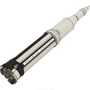 May include: A detailed illustration of a rocket with a white body, black and white striped sections, and the words "UNITED STATES" in red. The rocket has a conical nose and multiple engine nozzles at the base. The design is clean and technical.