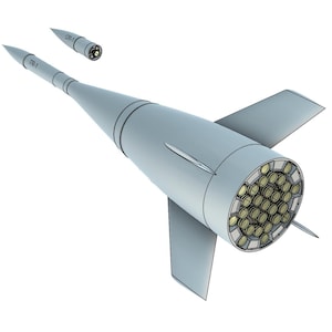Könnte beinhalten: Eine hellgraue Rakete mit dem Text "TR-1" an der Seite und einer abgetrennten Rakete mit der Bezeichnung "CR-1". Die Hauptrakete hat Flossen und ein kreisförmiges Ende mit mehreren Öffnungen.