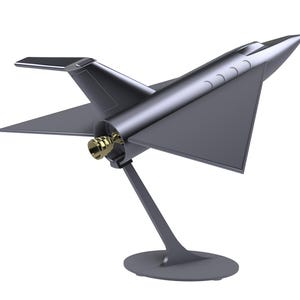 May include: A grey metal model of a futuristic aircraft with a single engine and a triangular wing design. The model is mounted on a grey metal stand with a round base.