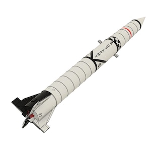 May include: A white and black missile with the text "US ARMY" and black "X" markings. The missile has a pointed nose and a finned tail section. Red and black stripes encircle the nose.