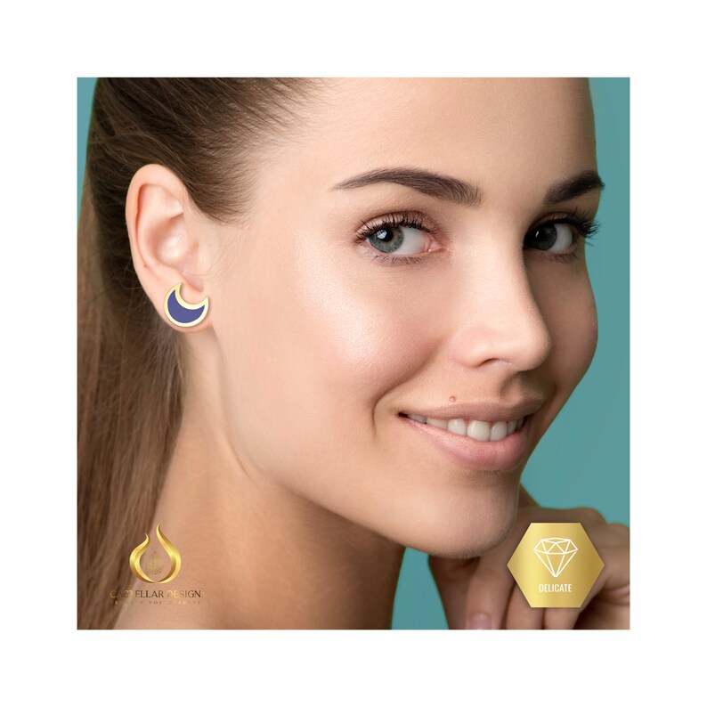 14K Solid Gold Earrings With Lapis Moon Shape Stud Earring Etsy