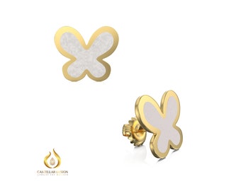 14K Gold Mother Of Pearl Earrings, Butterfly Stud Earrings, Butterfly gold Studs, gold earrings, natural pearl shell earrings,
