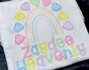 Rainbow Fill Heart Valentines Day Girls Personalized Embroidered T-Shirt, Rainbow Heart, Custom Personalized Kids/Youth Shirt