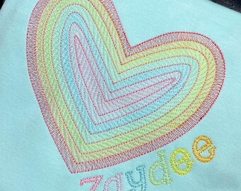 Sketch Fill Heart Valentines Day Girls Personalized Embroidered T-Shirt, Rainbow Heart, Custom Personalized Kids/Youth Shirt