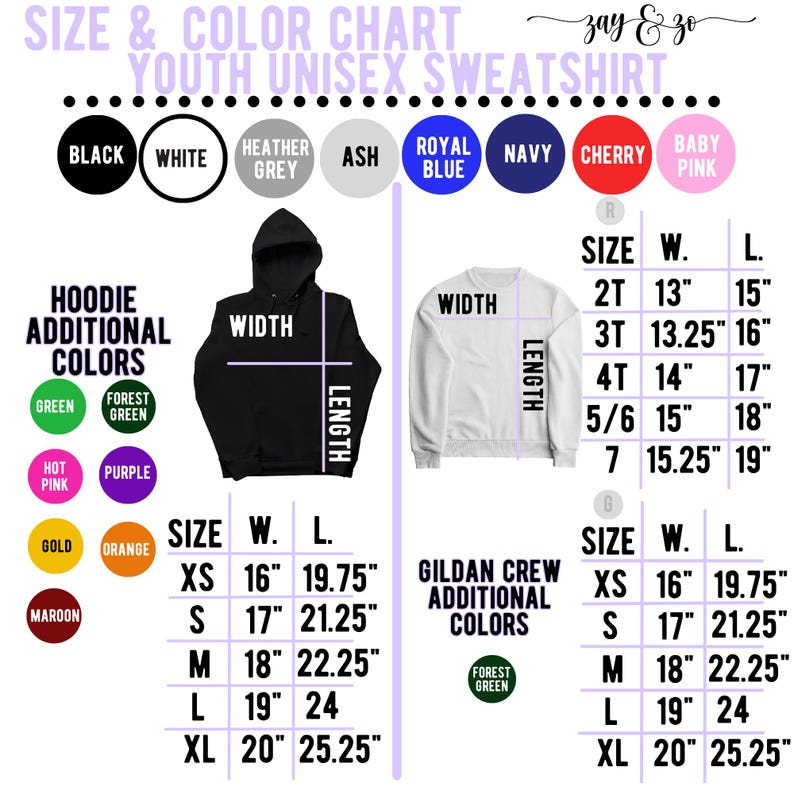 May include: Size chart for youth unisex sweatshirts. The chart includes measurements for both hoodies and crew neck sweatshirts in sizes XS to XL. The chart also includes a color chart with options for black, white, heather grey, ash, royal blue, navy, cherry, and baby pink.