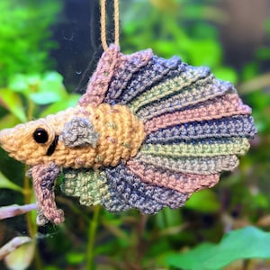Puede incluir: Un adorno de pez betta de crochet con un esquema de color rosa claro, azul y verde. El pez tiene un cuerpo de color crema y una cola grande y fluida.