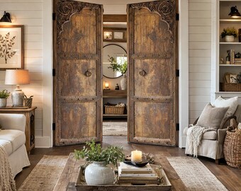 Hand Carved Arched Double Entry Door – Old World Mediterranean Moorish Solid Wood Interior/Exterior
