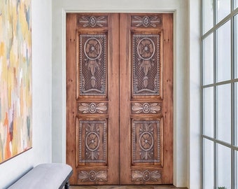 Hand-Carved Barn Door, Antique Front Doors, Custom Size Exterior Interior Sliding or Hinged Door, Solid Wood Double or Single Rustic Doors