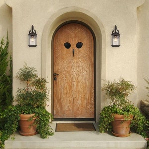 Hand-Carved Solid Wooden Arched Owl Door, Exterior Entry Front Door, Antique Custom Double or Single Rustic Interior Sliding or Hinged Doors