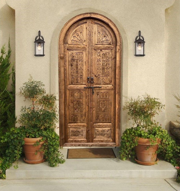 Hand-Carved Solid Wood Arched Double Door: Rustic Entry, Custom Size