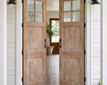 Puerta rústica de granja hecha a mano con paneles de vidrio superiores / Interior o exterior de madera maciza
