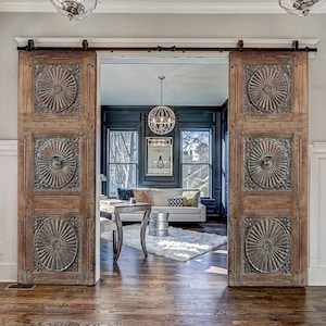 Carved Door, Antique Barn Doors, Custom Size Interior Sliding or Hinged Exterior Entry Front Door, Solid Wood Double or Single Rustic Doors