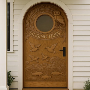 Hand-Carved Wood Arched Door: Owl, Fish & Bird Motif - Rustic Entrance