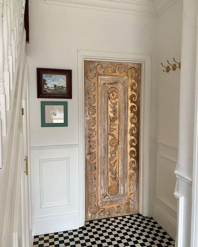 Floral Carved Antique Barn Door: Custom Solid Wood Entry