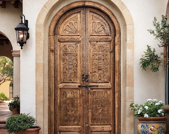 Custom Moroccan Arched Double Entry Door: Hand-Carved Spanish Rustic Interior/Exterior
