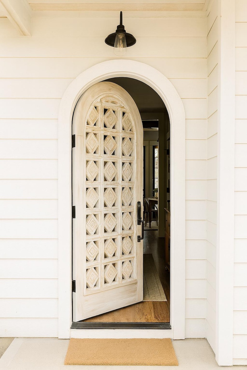 Custom Arched Lite Entry Front Door: Whitewashed Farmhouse Rustic ...