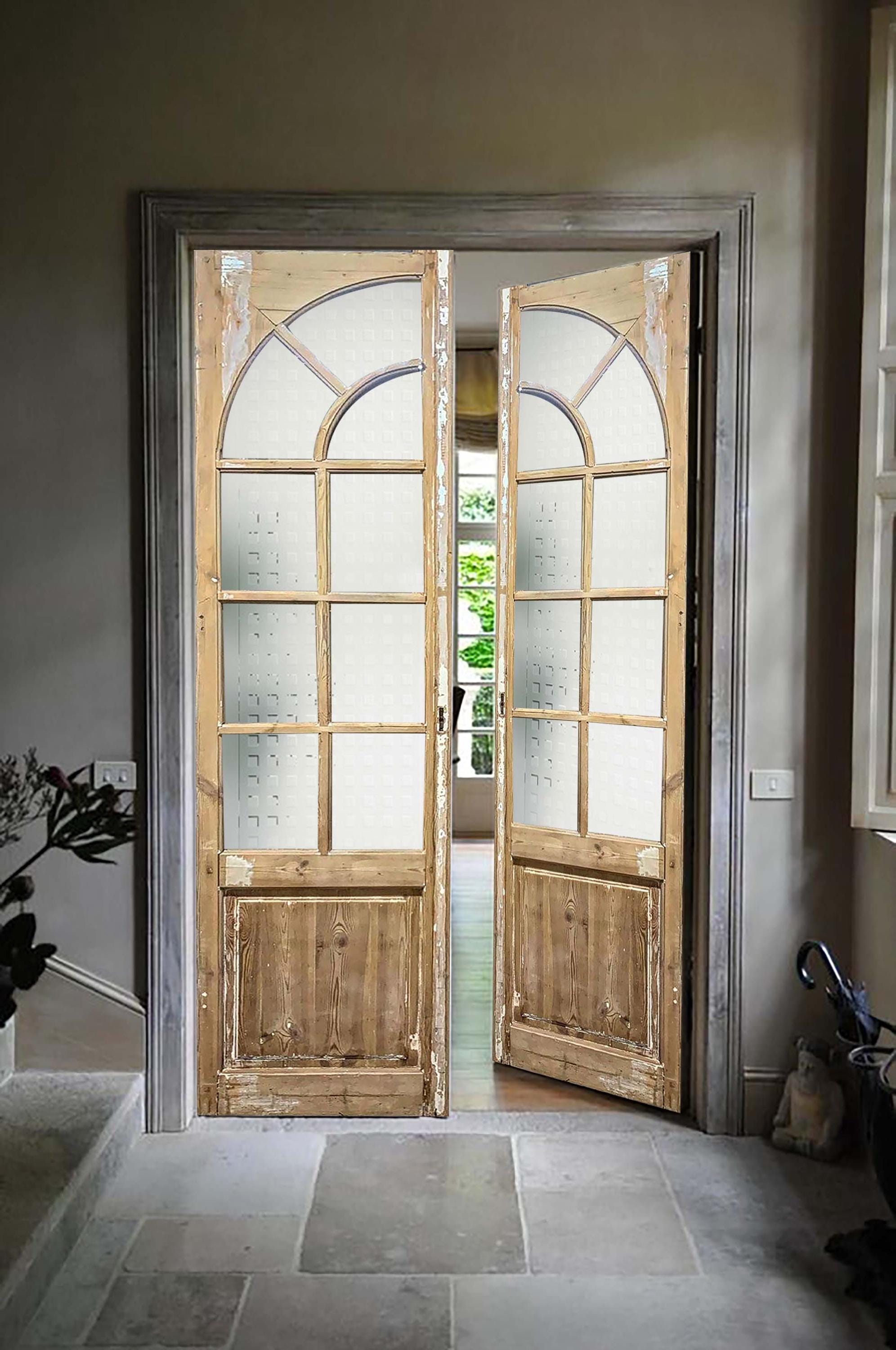 Handcrafted Arched French Double Doors: Rustic Wooden Pocket