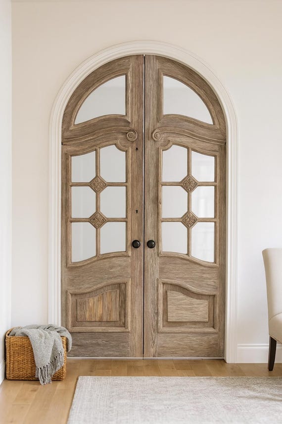 Custom Arched French Lite Double Doors: Antique Carved Detailing