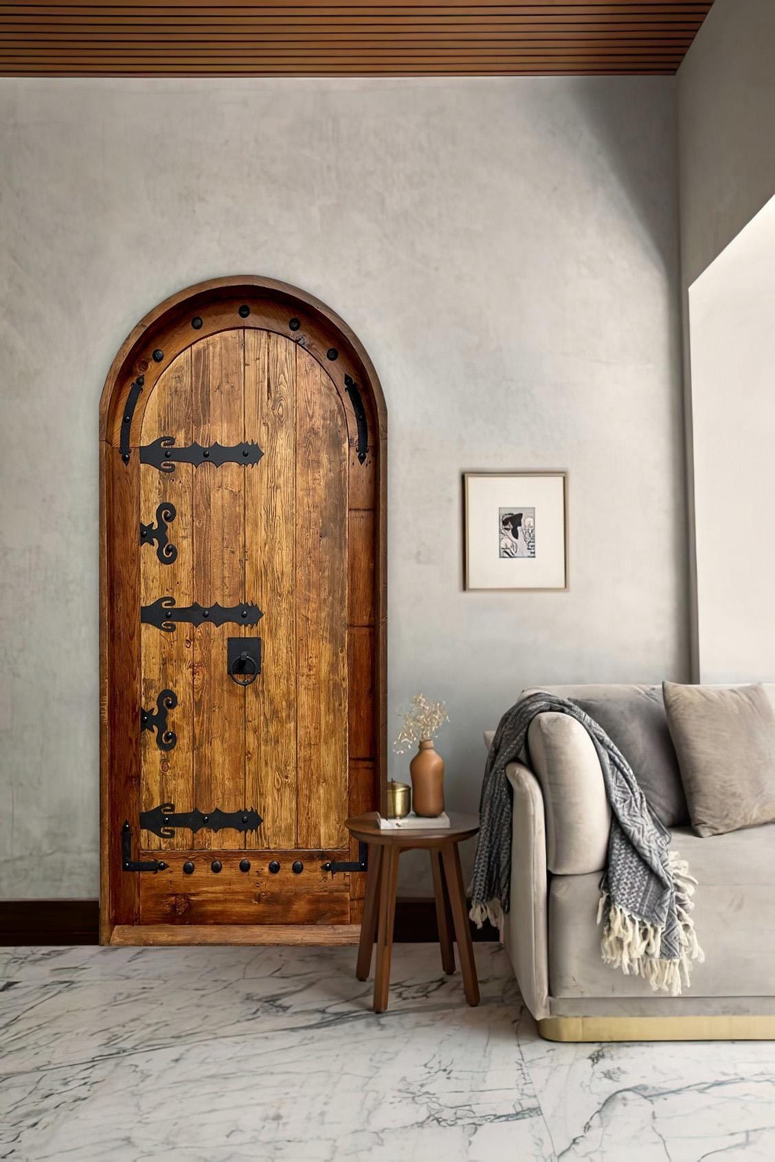 Old World Medieval Arched Plank Door With Iron Clavos Interior