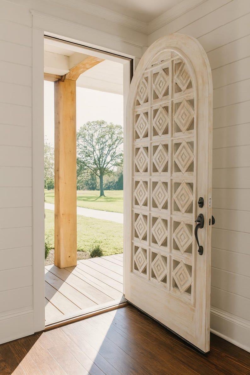 Custom Arched Lite Entry Front Door: Whitewashed Farmhouse Rustic ...