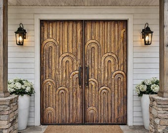 Hand Carved Sculptural Wood Door, Art Deco Geometric Arch Design, Statement Entry or Interior