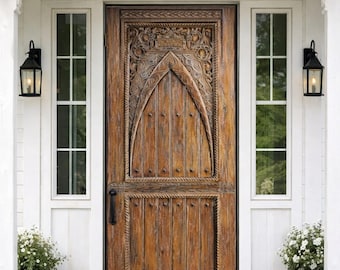 European Gothic Arch Solid Wood Door Hand Carved – Medieval Entry – Custom Interior/Exterior Statement