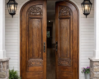 Custom Carved Wood Arched Entry Door: Rustic Interior/Exterior