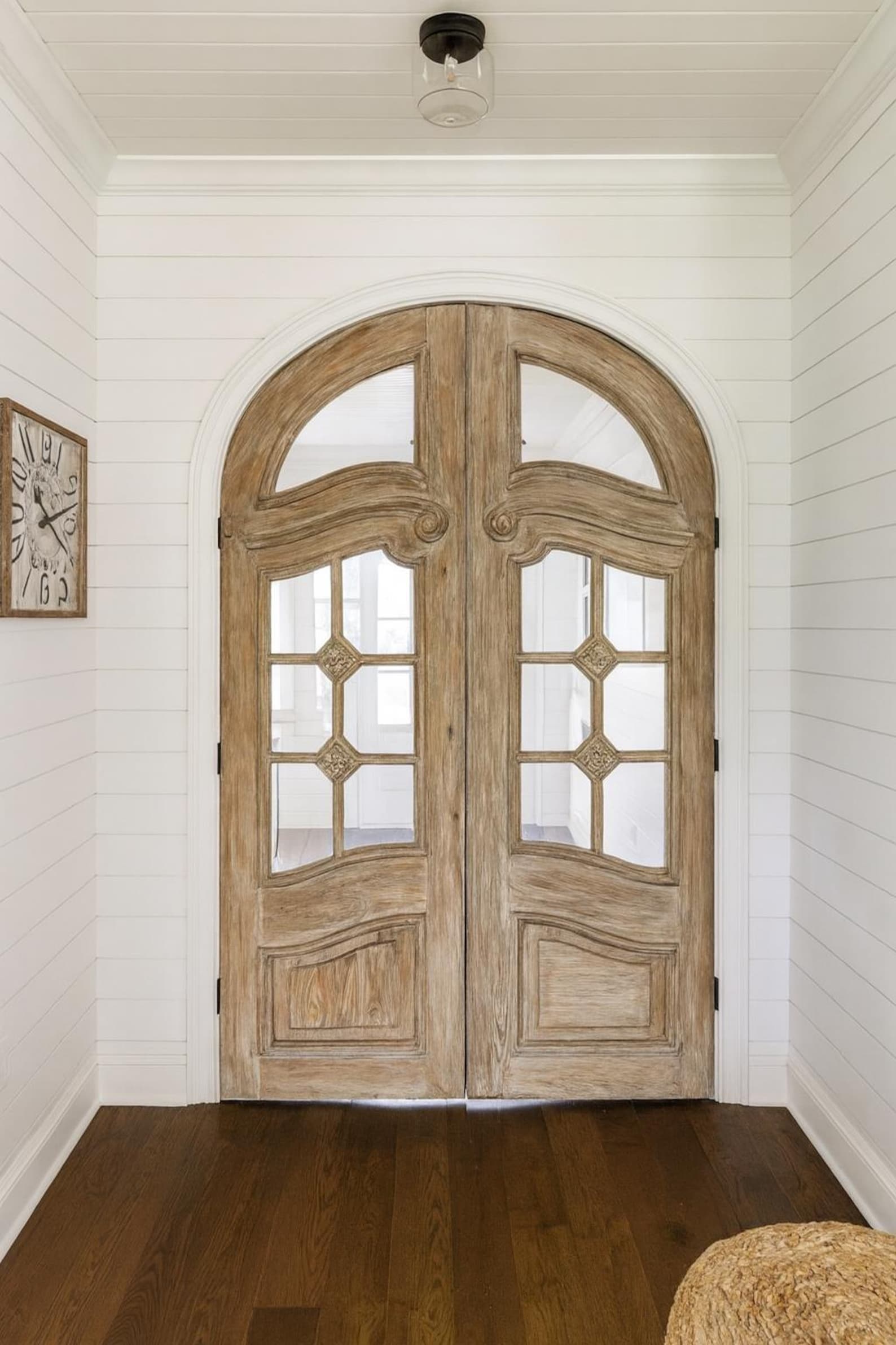 Custom Arched French Lite Double Doors: Antique Carved Detailing Top ...