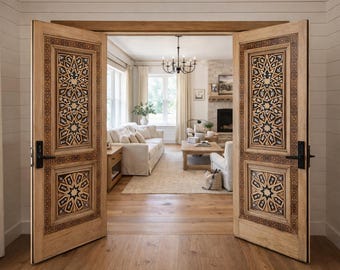 Hand-Carved Front Door: Double or Single Custom Solid Wood, Authentic Design
