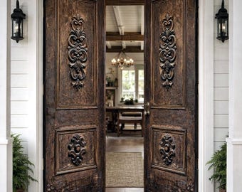 Custom Spanish Farmhouse Door Carved Solid Wood Rustic Mediterranean Exterior/Interior
