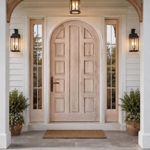 Pode incluir: Uma porta de entrada arqueada de madeira clara com um design de vários painéis e um puxador de metal escuro. A porta é ladeada por duas janelas laterais altas e estreitas e iluminada por três lanternas de metal preto na parede branca.