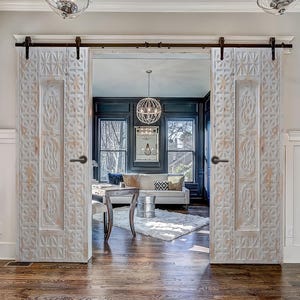Whitewashed Antique Carved Barn Door, White Front Distressed, Custom Interior Exterior Doors, Sliding, Hinge, Double, Single Pantry Doors